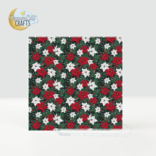 Christmas Poinsettia UV Printed Acrylic Sheet – Red and White Holiday Pattern on Acrylic or MDF