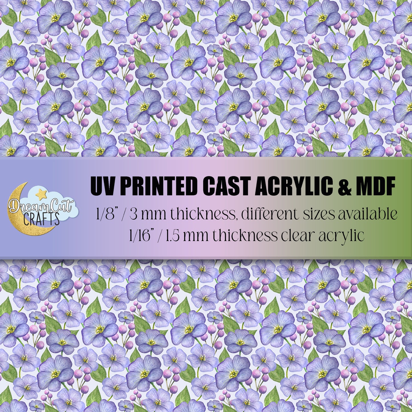 Purple floral UV printed acrylic sheet featuring lavender blossoms and green leaves, printed on cast acrylic or MDF for laser cutting crafts.