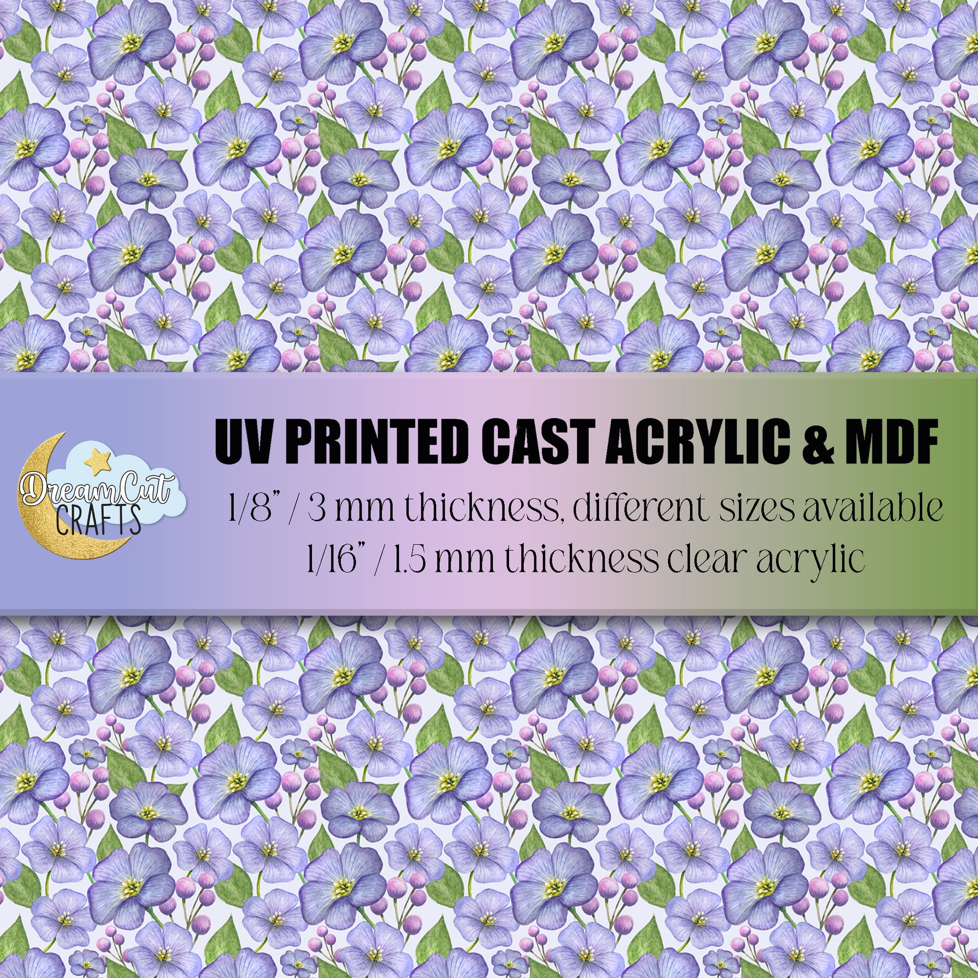 Purple floral UV printed acrylic sheet featuring lavender blossoms and green leaves, printed on cast acrylic or MDF for laser cutting crafts.