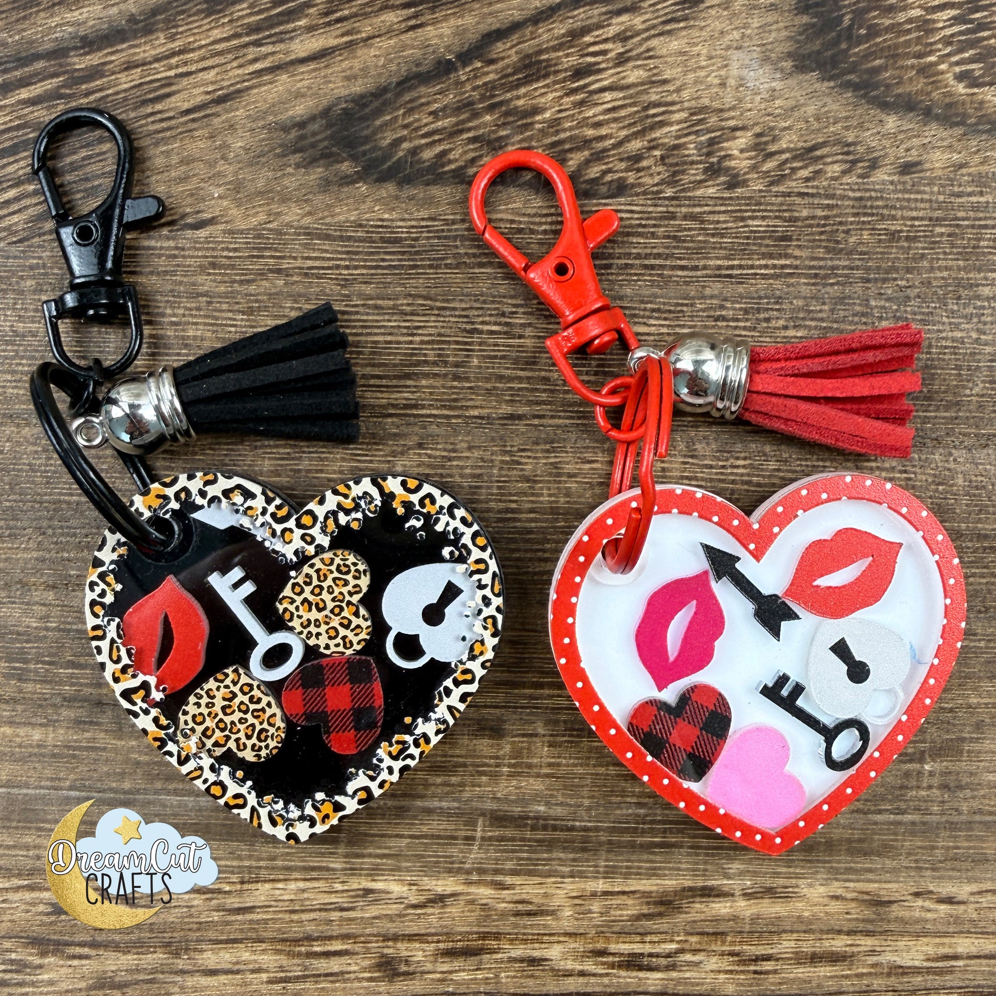 Personalized heart shaker keychain made from acrylic with moving decorative elements inside, available in black leopard print or red polka dot design with matching tassel.