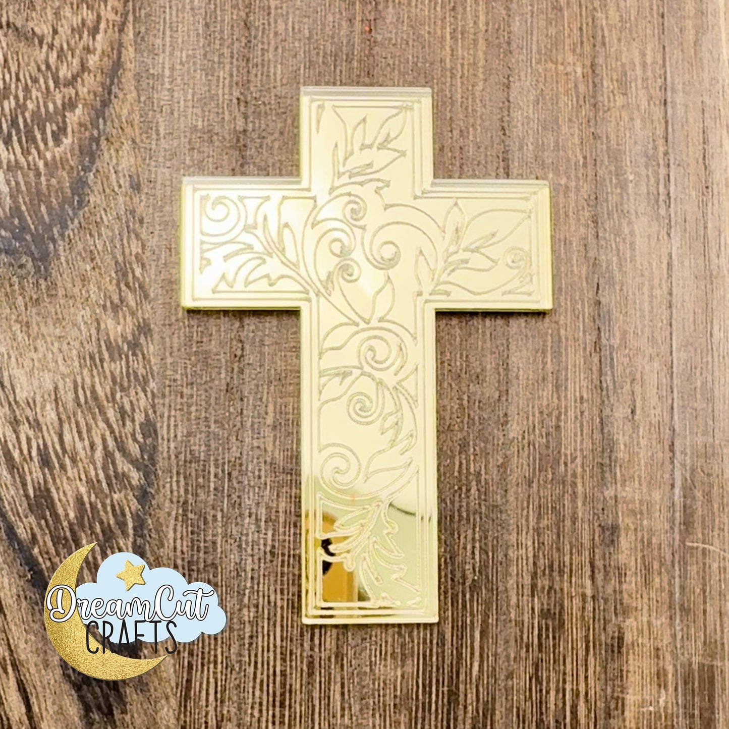 Gold Mirror Cross Cake Charm for Baptism Cake | Acrylic Christening Cake Decoration | First Communion Cake Charm