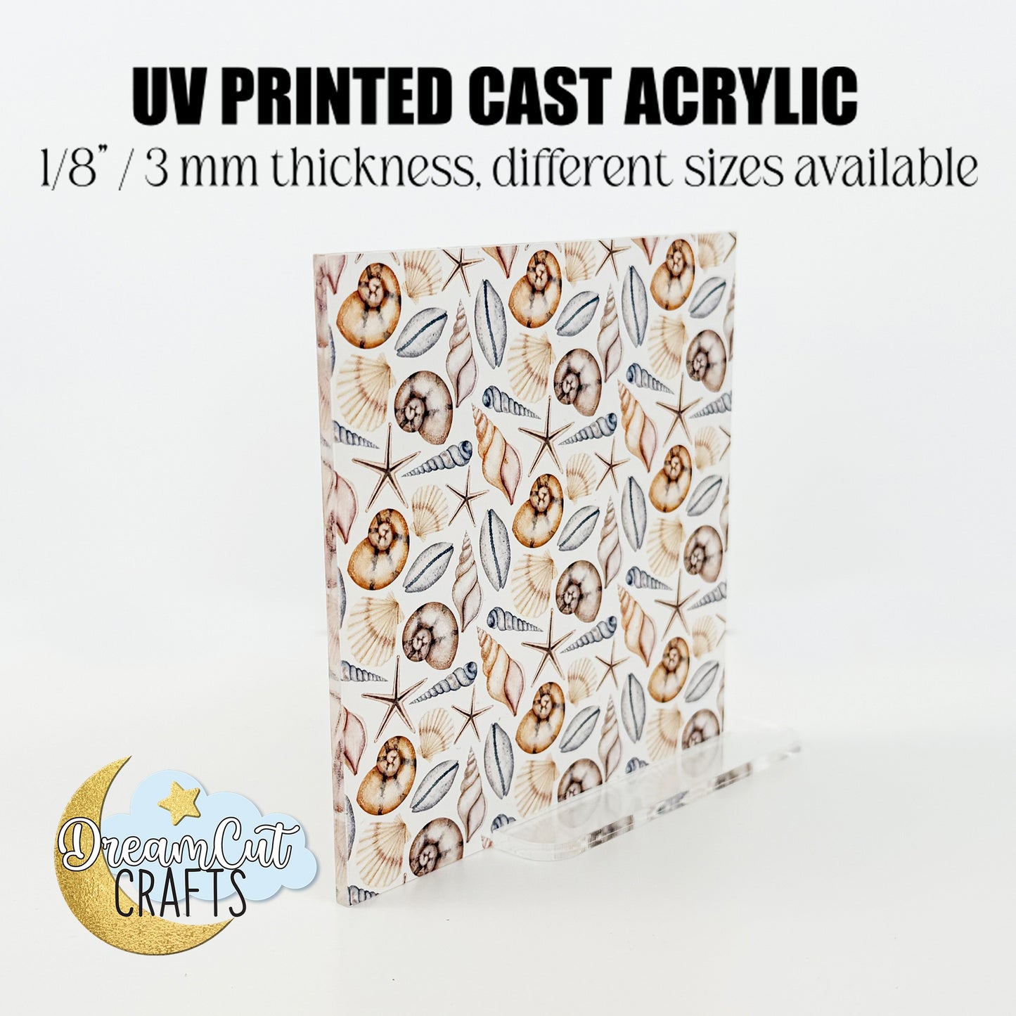 Seashells UV Printed Acrylic Sheet – Coastal Shell Pattern Laser Material in Cast Acrylic or MDF