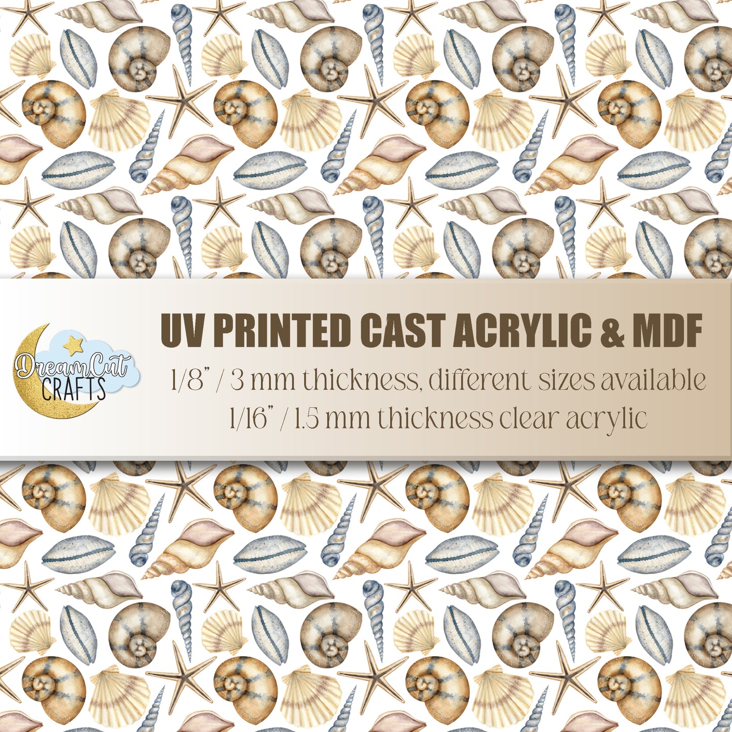 UV printed acrylic sheet with watercolor seashell and starfish pattern for coastal laser cutting projects.