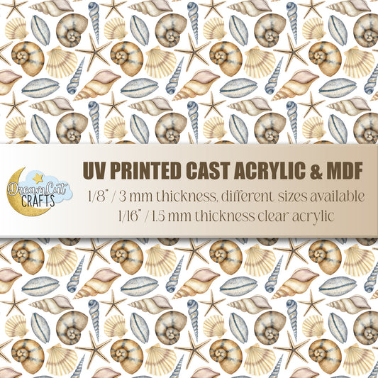 UV printed acrylic sheet with watercolor seashell and starfish pattern for coastal laser cutting projects.