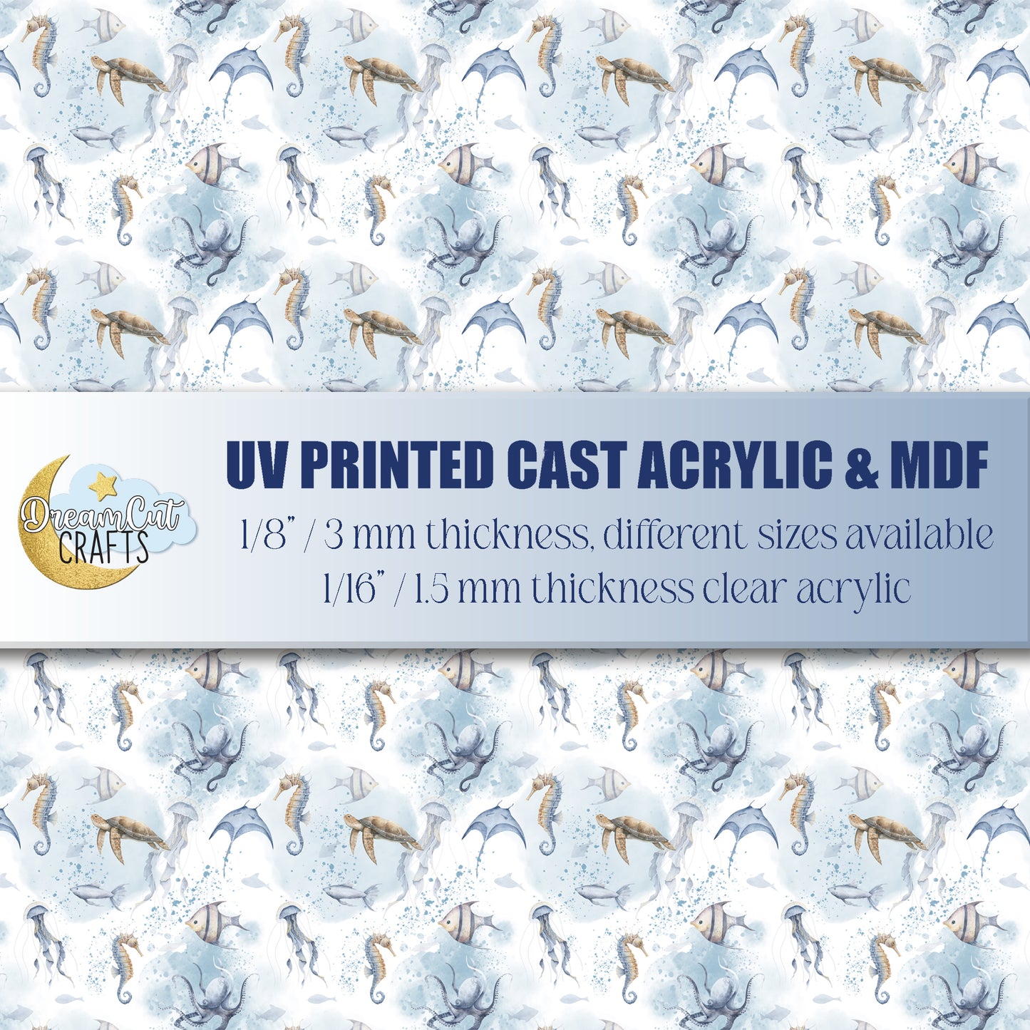 Ocean Creatures UV Printed Acrylic Sheet – Sea Life Pattern Laser Material in Cast Acrylic or MDF