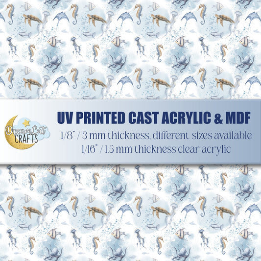 Ocean Creatures UV Printed Acrylic Sheet – Sea Life Pattern Laser Material in Cast Acrylic or MDF