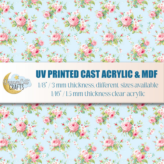 Shabby chic floral UV printed acrylic sheet with pastel vintage flowers on cast acrylic or MDF for laser cutting.