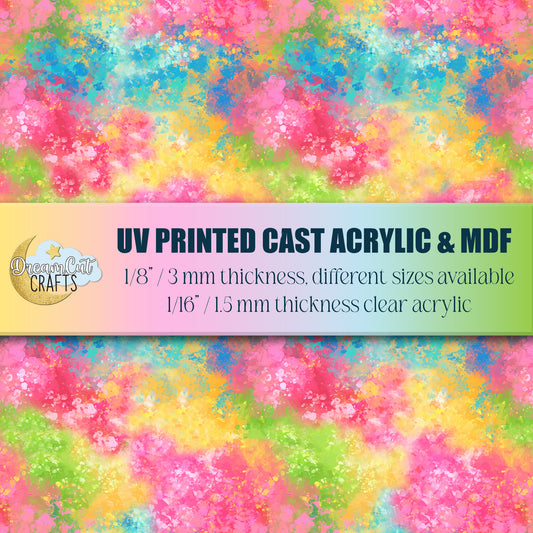 Rainbow splashes UV printed acrylic sheet with colorful abstract pattern for laser cutting, available on cast acrylic or MDF.
