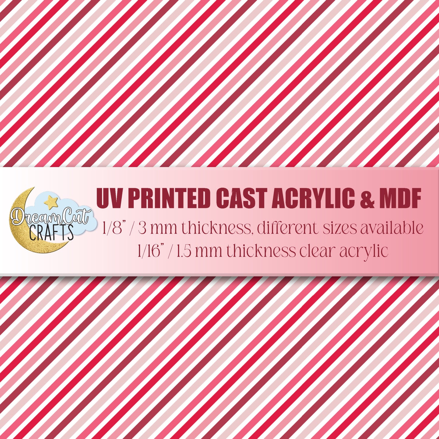 UV printed acrylic sheet with diagonal red and pink stripes for laser cutting projects