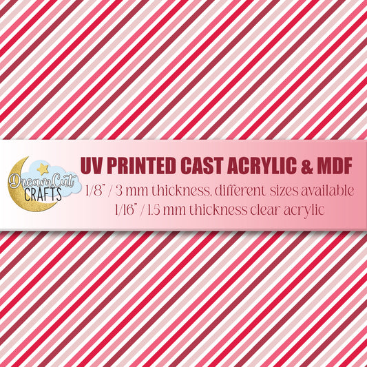 UV printed acrylic sheet with diagonal red and pink stripes for laser cutting projects