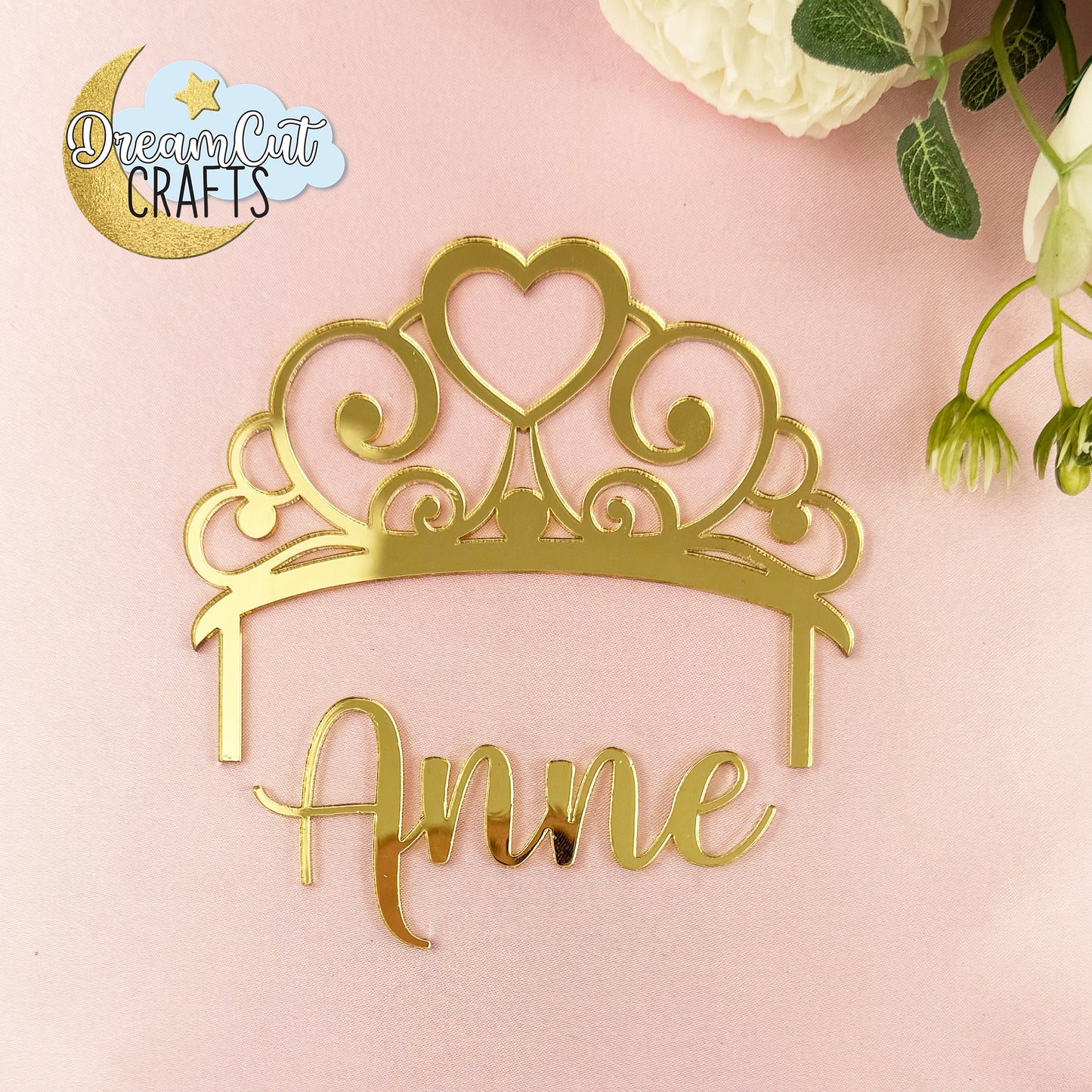 Personalized Tiara Cake Topper with Custom Name – Mirror Acrylic Princess Crown