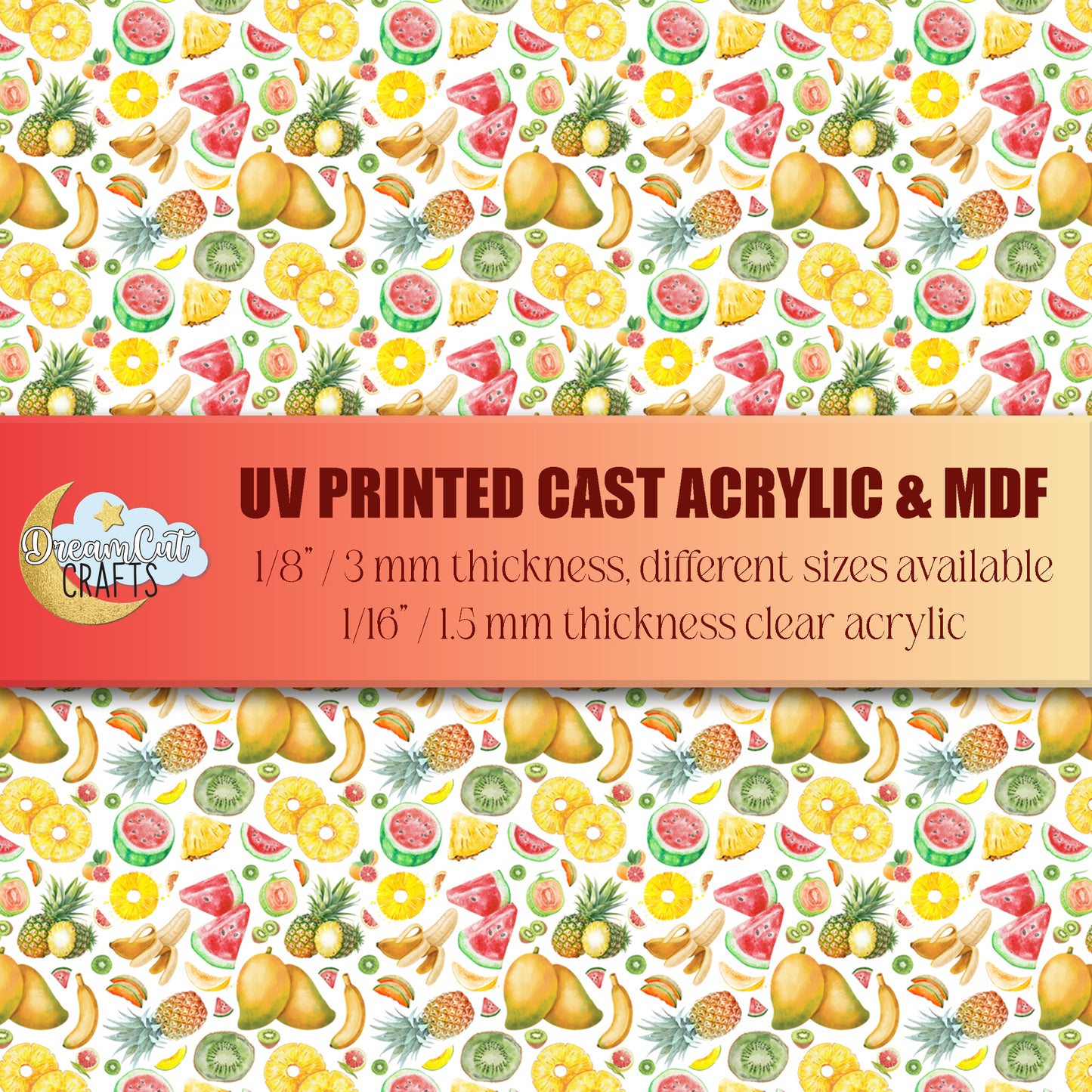 UV printed acrylic sheet with colorful tropical fruits summer pattern on 1/8 inch cast acrylic or MDF, designed for laser cutting.