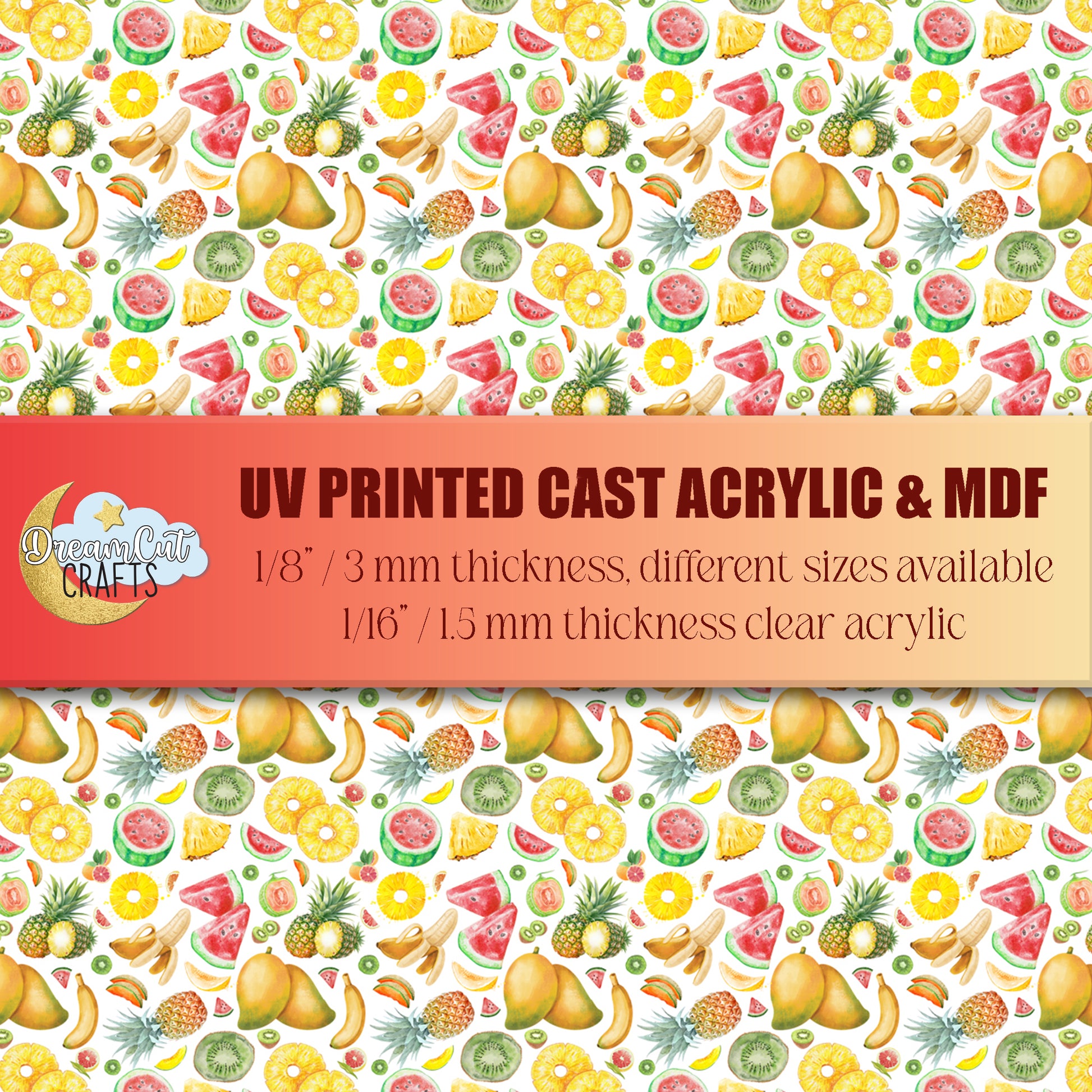 UV printed acrylic sheet with colorful tropical fruits summer pattern on 1/8 inch cast acrylic or MDF, designed for laser cutting.