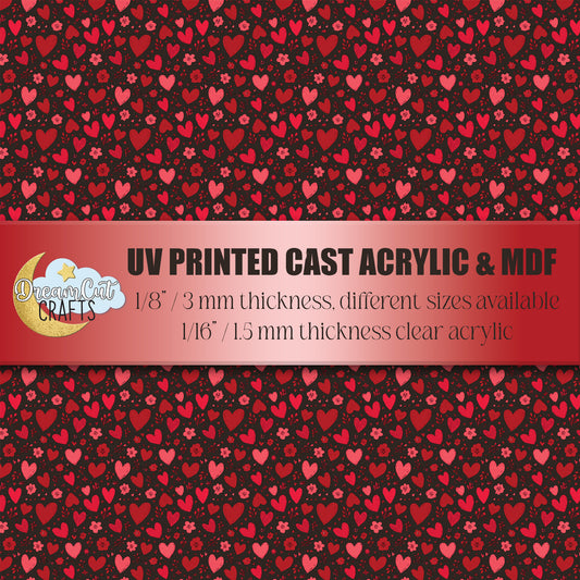 UV printed black background with red and pink heart and floral pattern on acrylic and MDF sheet