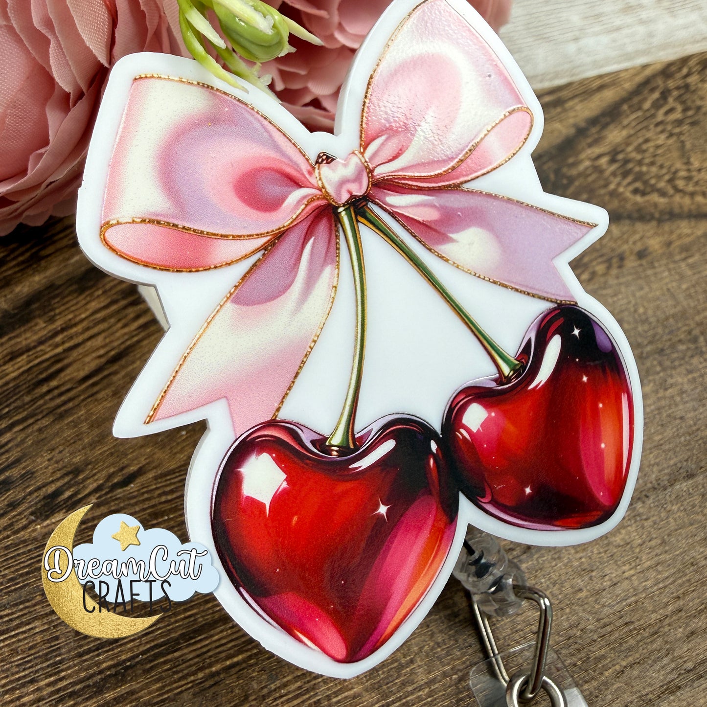 Cherry Bow Badge Reel Top UV Printed on White Acrylic 3mm, Love Theme, Cherry Design