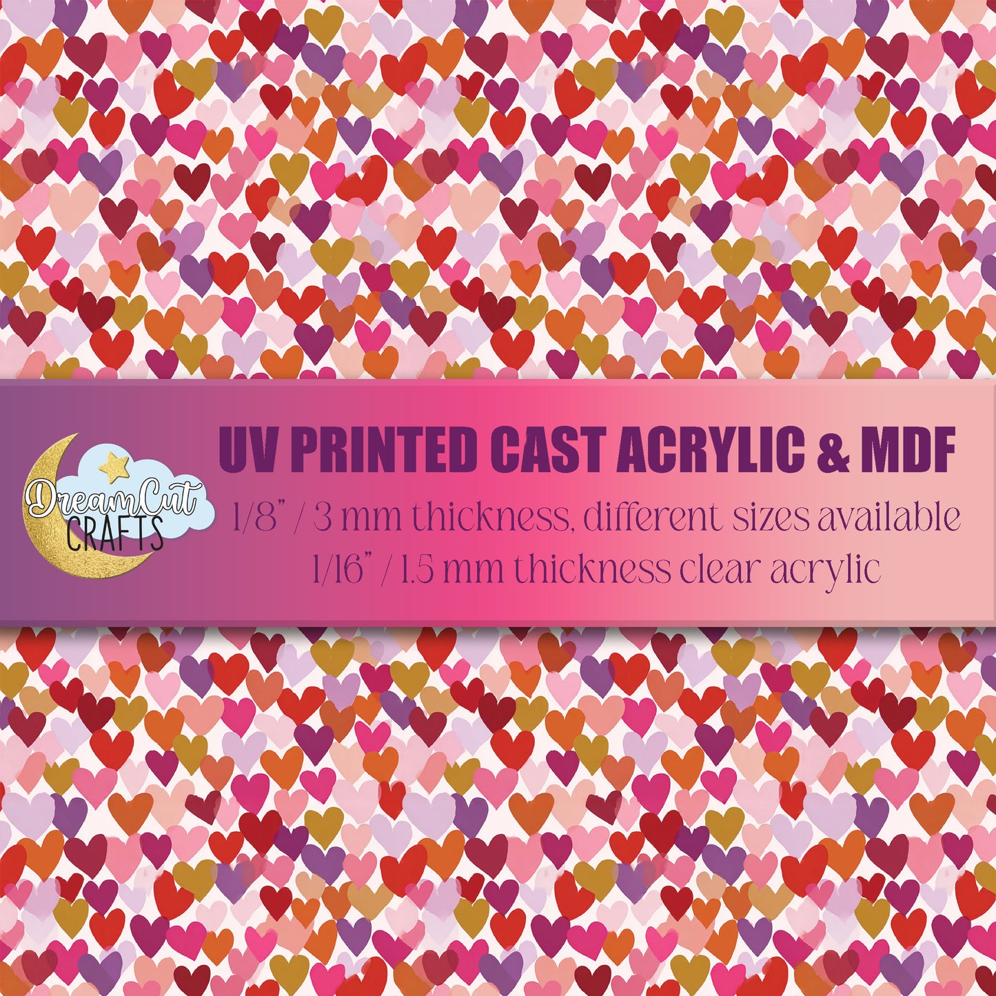 UV printed multicolor heart pattern on acrylic and MDF sheet for laser cutting