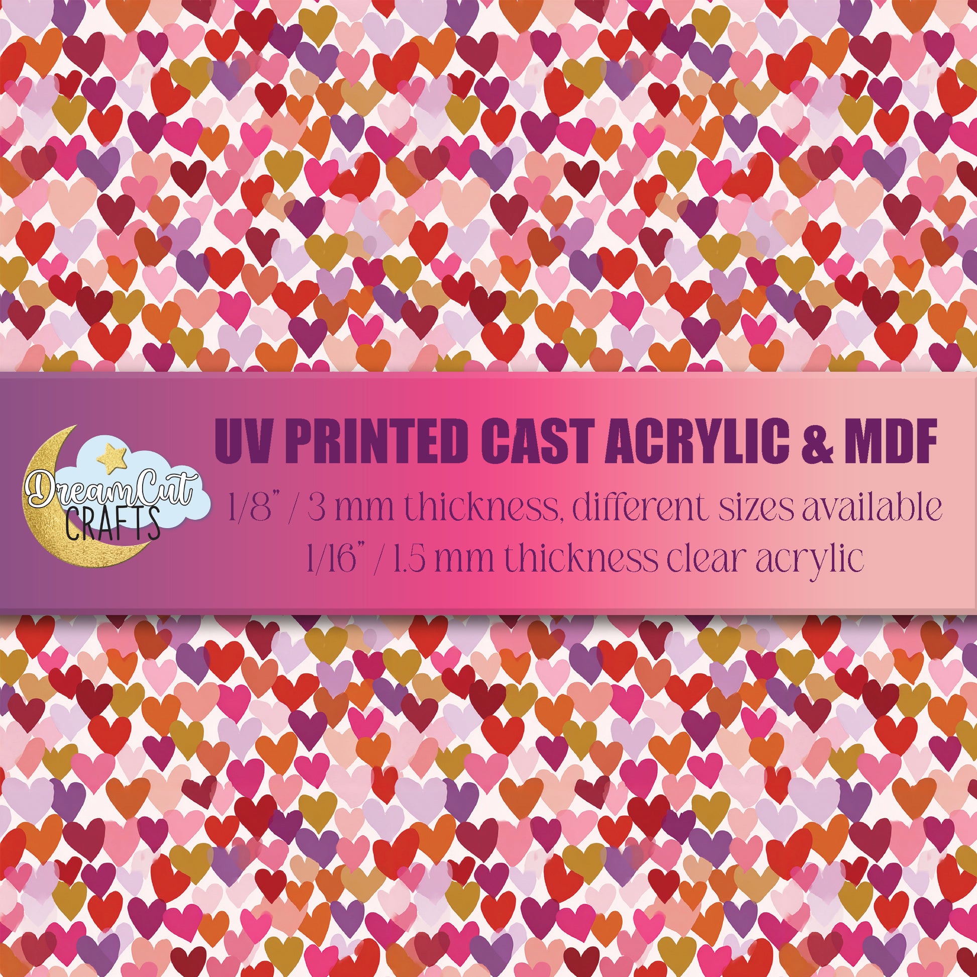 UV printed multicolor heart pattern on acrylic and MDF sheet for laser cutting