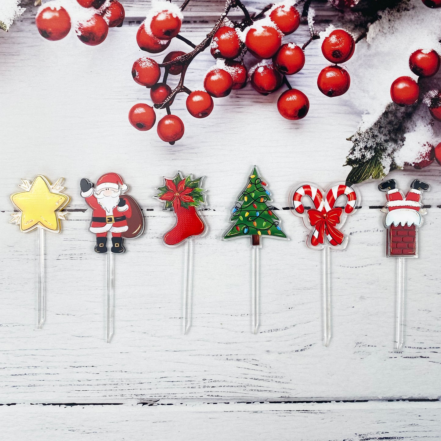 Christmas Cupcake toppers | Christmas Cocktail sticks – Laser Cut Acrylic Cake topper with Festive UV Print (Single Piece)