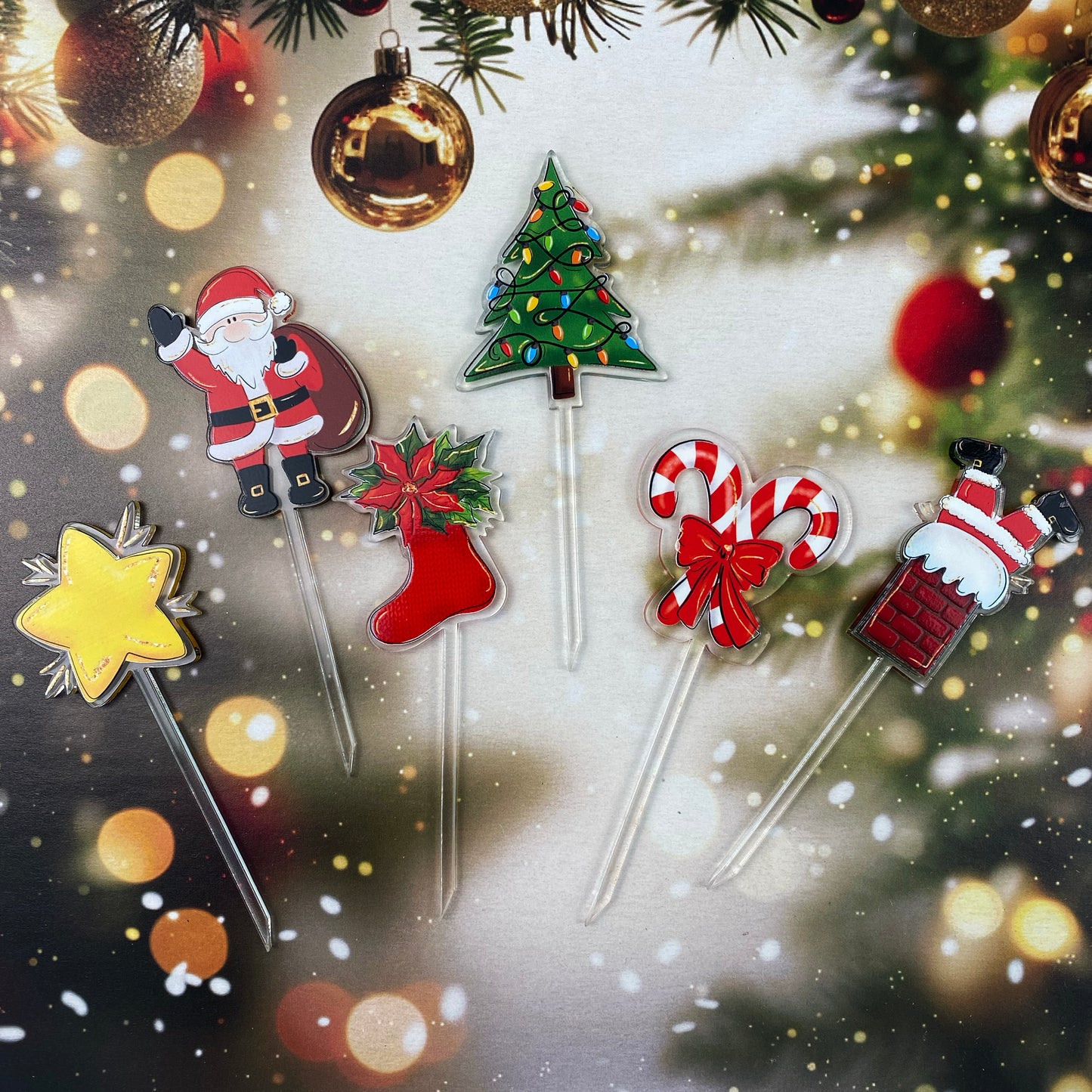 Christmas Cupcake toppers | Christmas Cocktail sticks – Laser Cut Acrylic Cake topper with Festive UV Print (Single Piece)