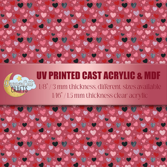 UV printed dusty pink heart pattern with multicolor hearts on acrylic and MDF sheet