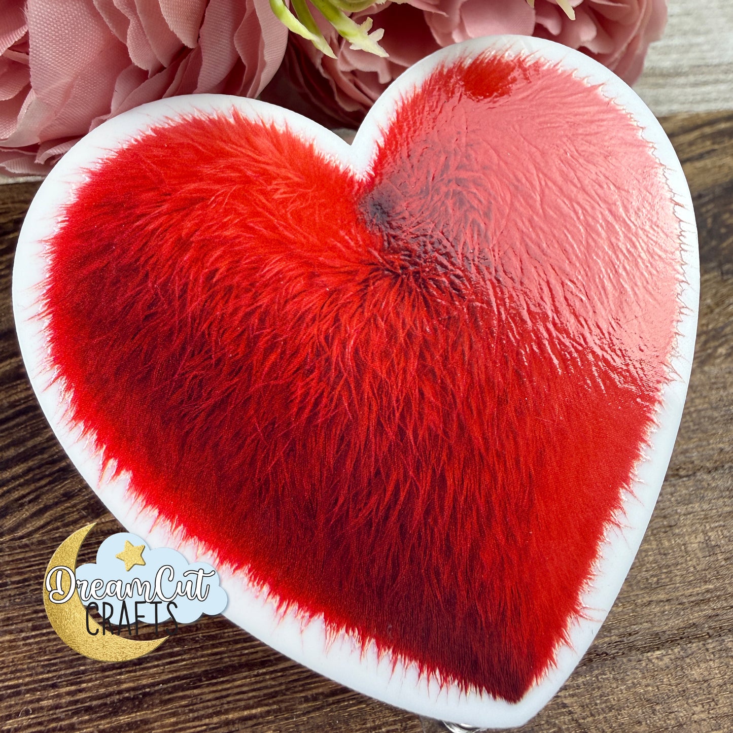 Heart Badge Reel Top UV Printed on White Acrylic 3mm, 7 x 6.5 cm, Choose from 3 Colors