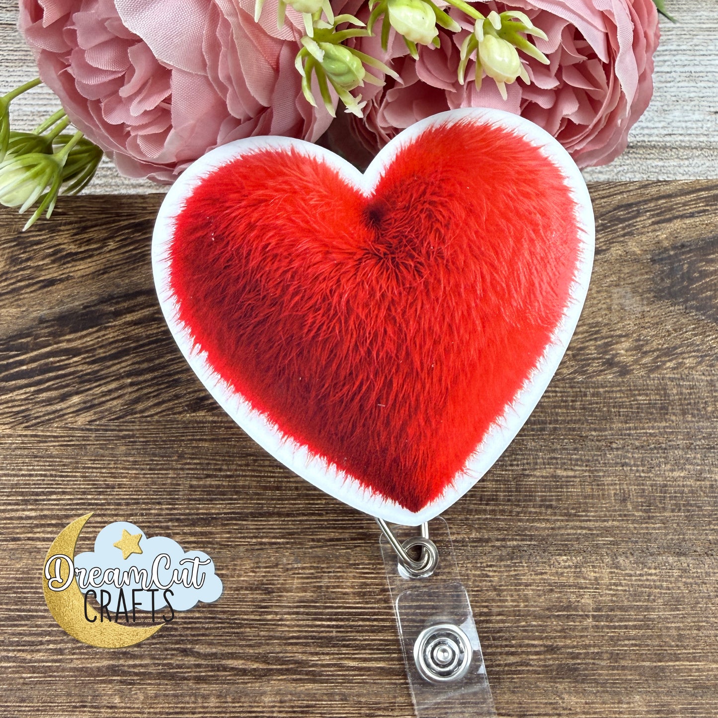 Heart Badge Reel Top UV Printed on White Acrylic 3mm, 7 x 6.5 cm, Choose from 3 Colors