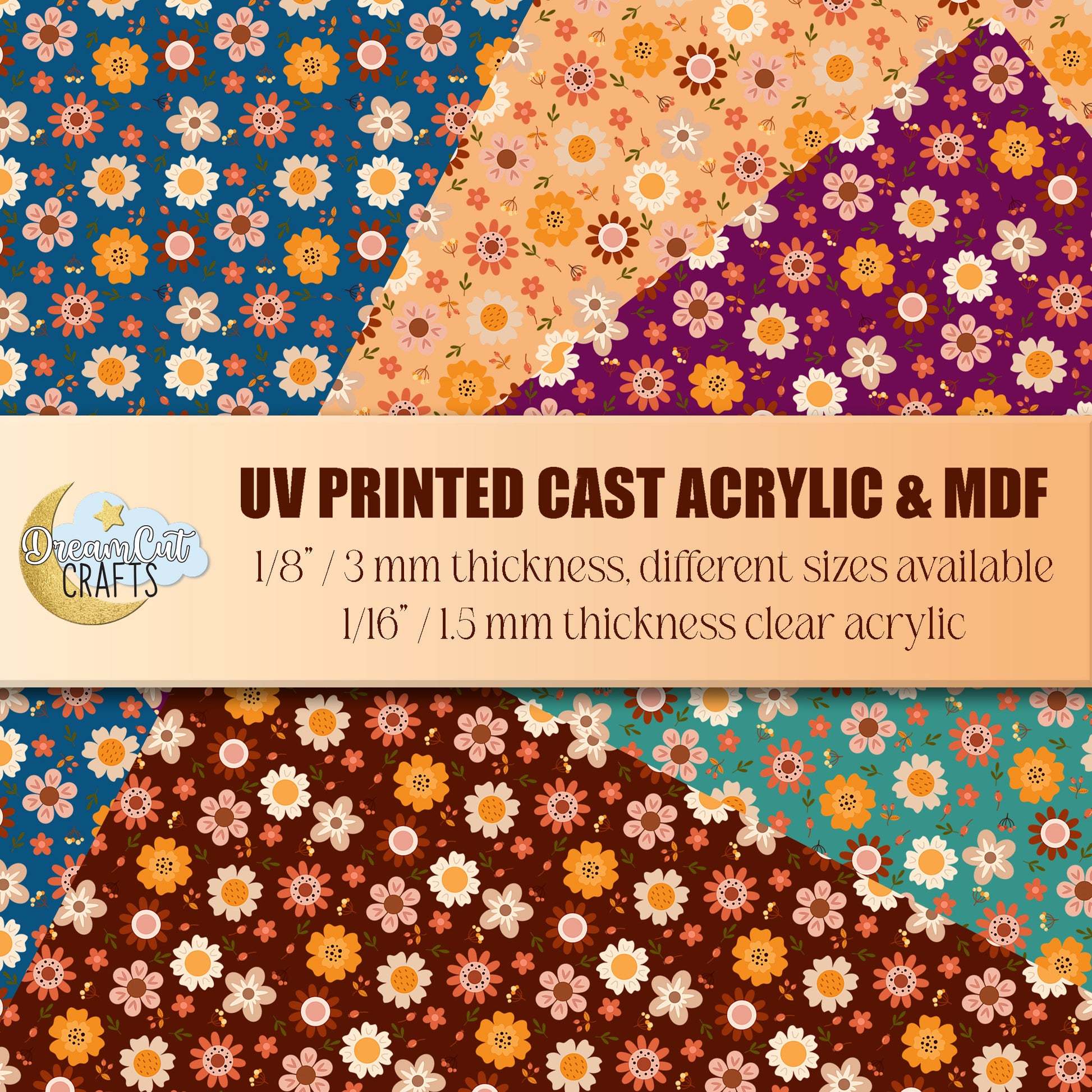 Fall flowers UV printed acrylic sheet with small orange and yellow floral pattern, available on cast acrylic or MDF for laser cutting.