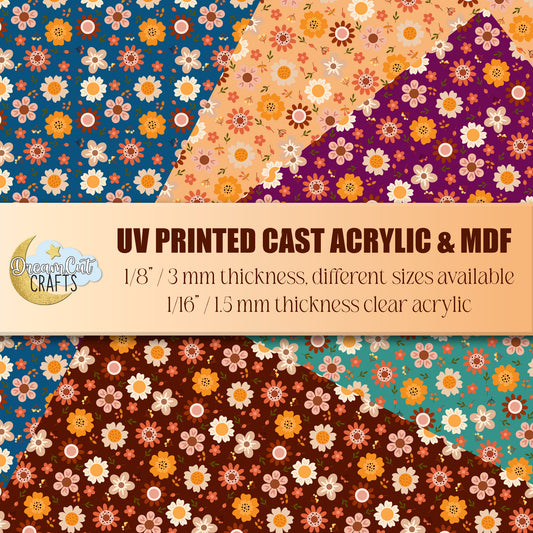 Fall flowers UV printed acrylic sheet with small orange and yellow floral pattern, available on cast acrylic or MDF for laser cutting.