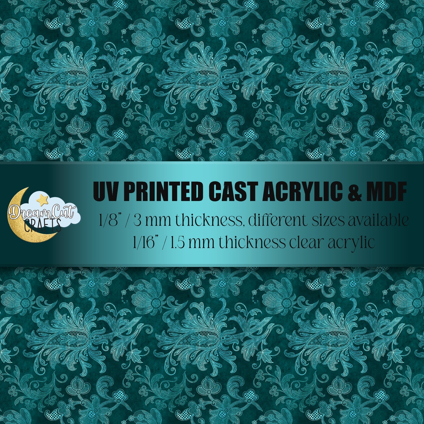 Turquoise damask UV printed acrylic sheet with ornate damask pattern on 1/8 inch cast acrylic.
