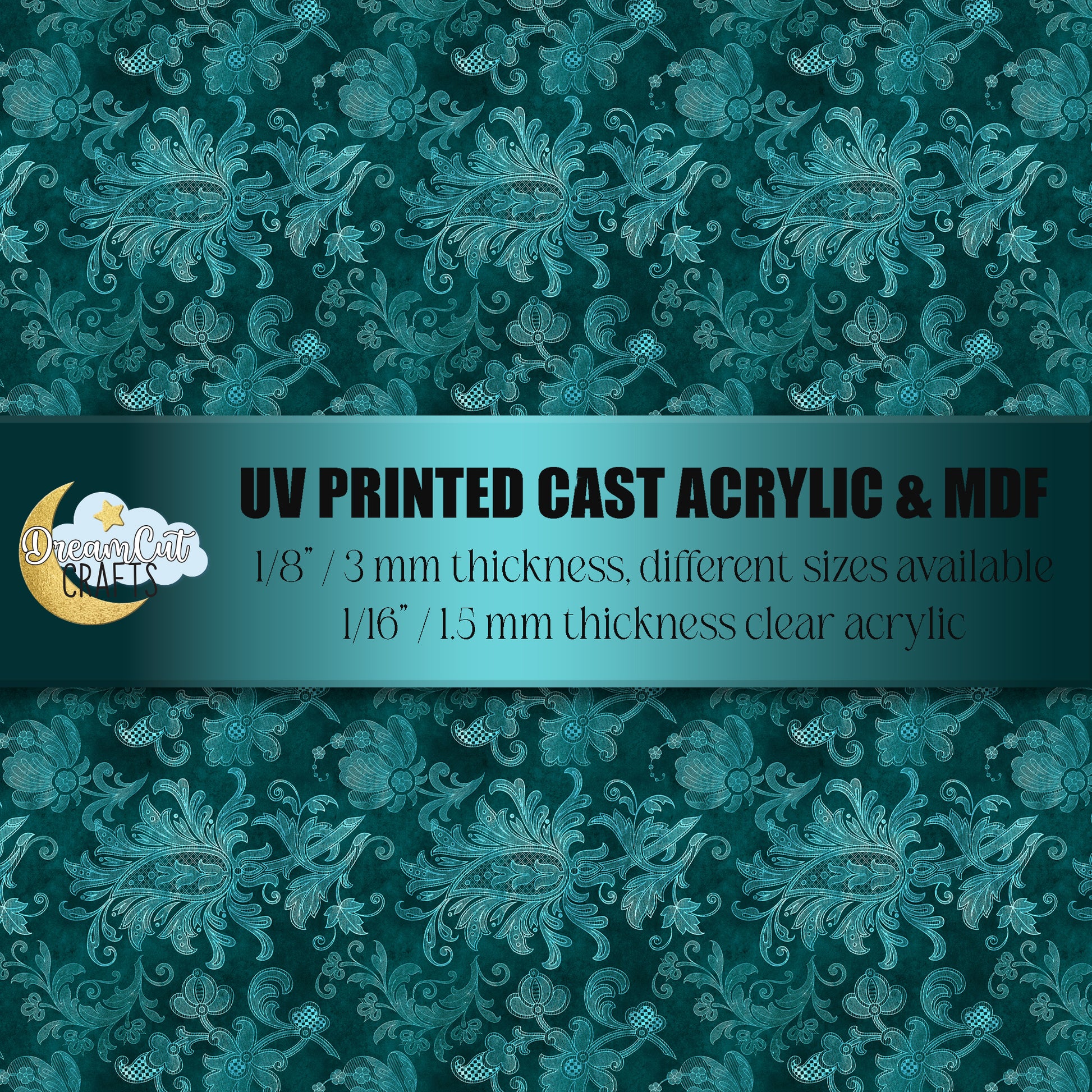 Turquoise damask UV printed acrylic sheet with ornate damask pattern on 1/8 inch cast acrylic.