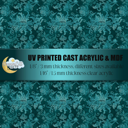 Turquoise damask UV printed acrylic sheet with ornate damask pattern on 1/8 inch cast acrylic.