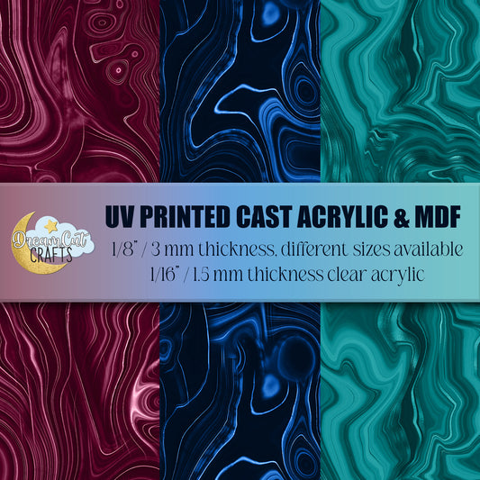 Marble-pattern UV printed acrylic sheets in burgundy, royal blue and turquoise on cast acrylic or MDF.