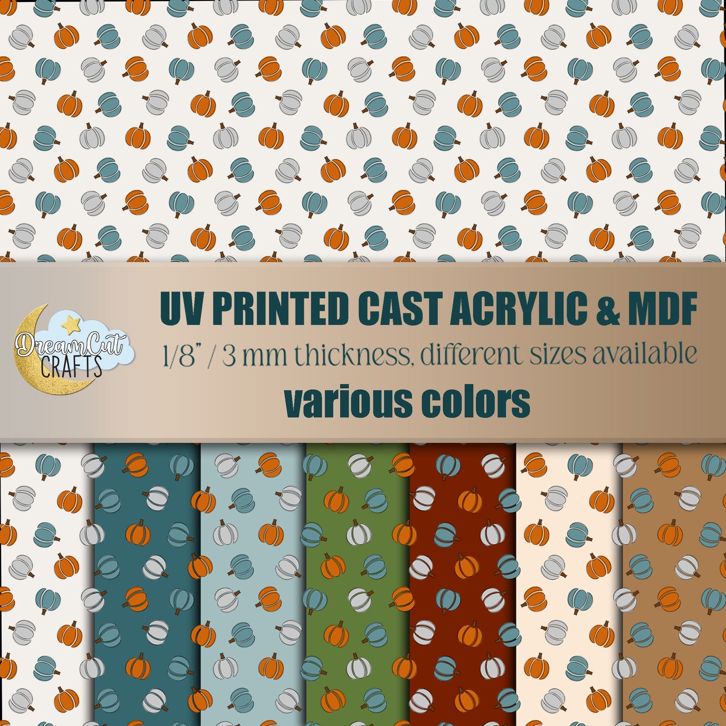 Pumpkin Pattern UV Printed Acrylic Sheet in warm orange, teal, and gray – 3 mm cast acrylic sheet for laser cutting, earrings, keychains, bookmarks, and autumn crafts.