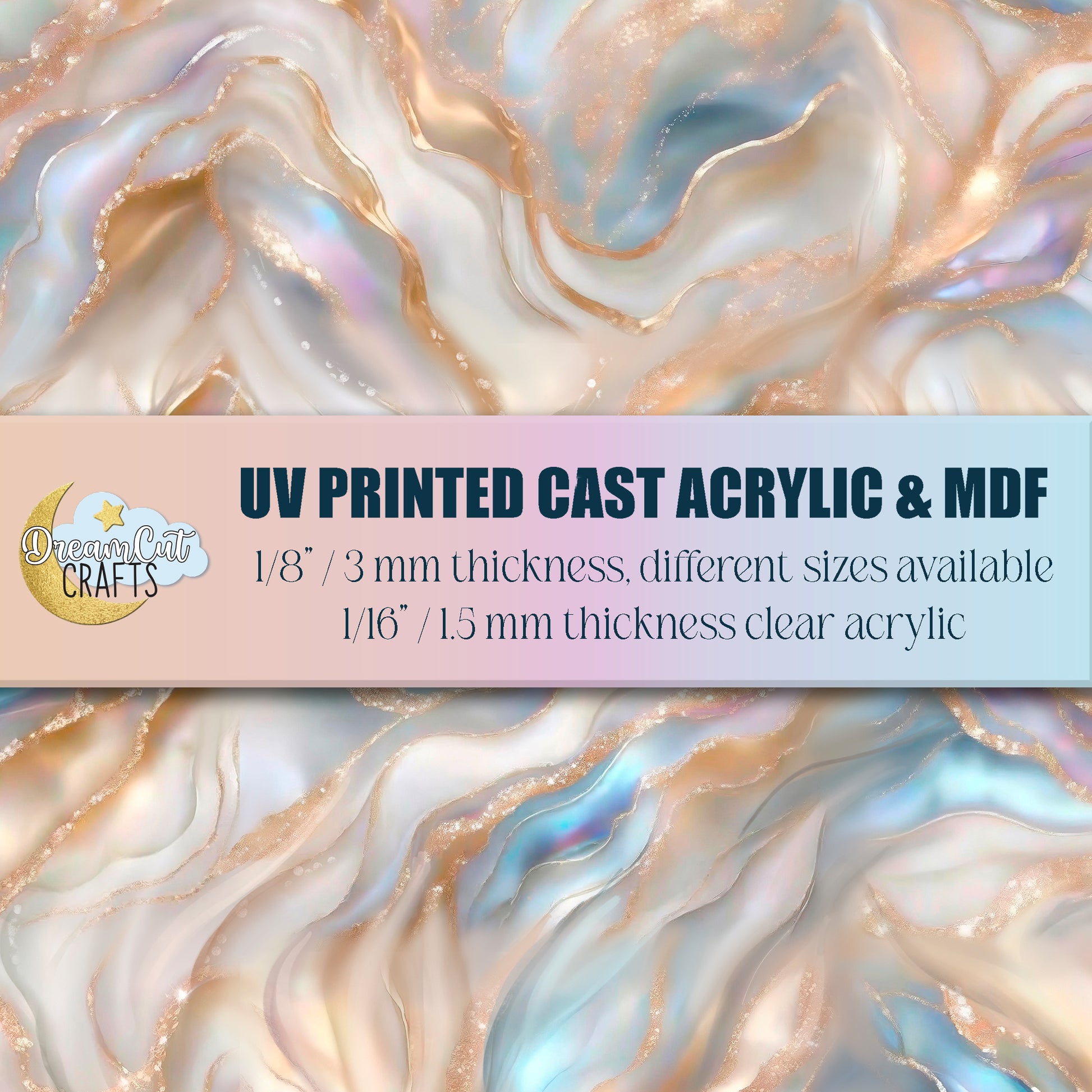 Pearl swirl UV printed acrylic sheet with iridescent marble pattern for laser cutting, available on cast acrylic or MDF.