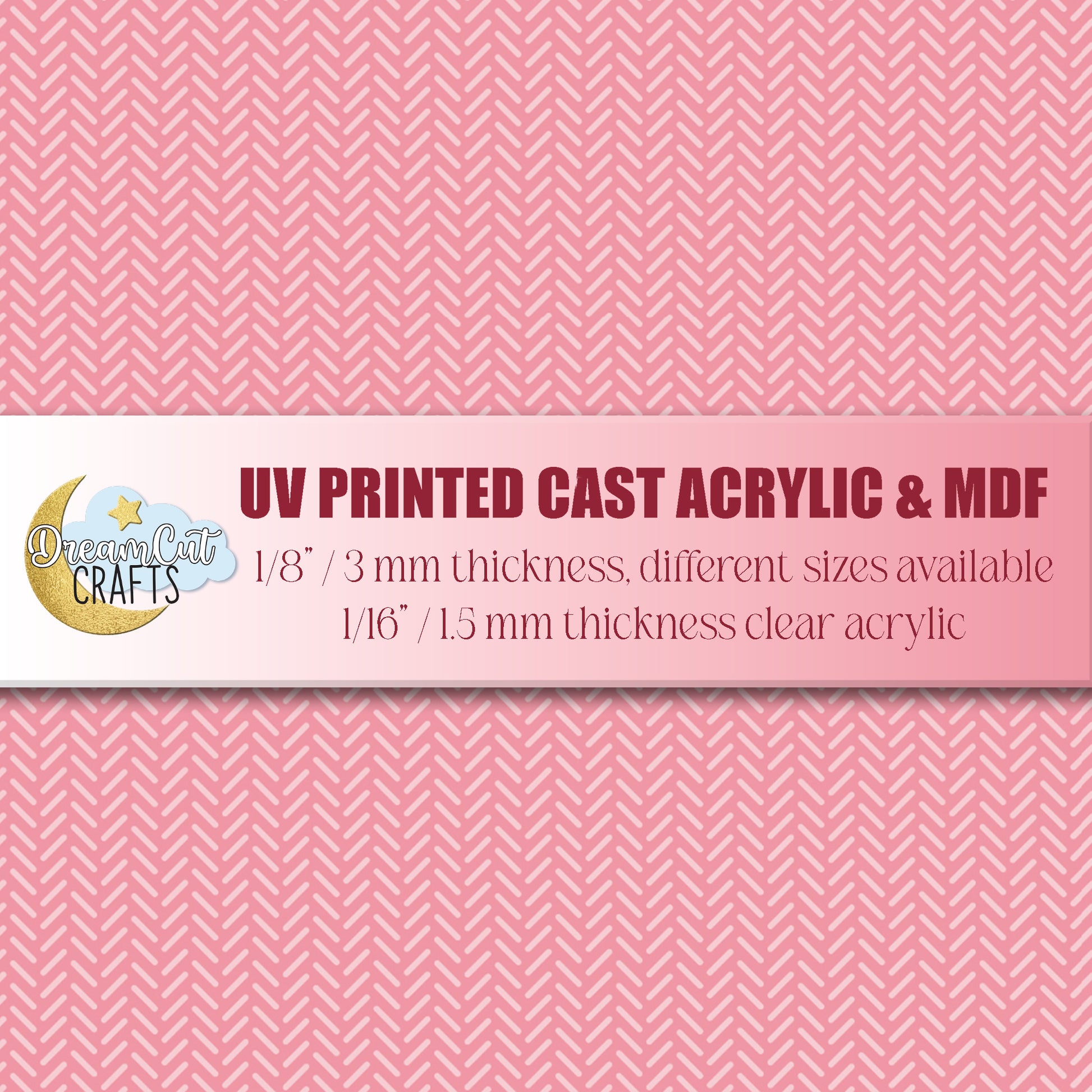 UV printed acrylic sheet featuring a pink herringbone pattern shown on a flat surface, suitable for laser cutting and decorative craft projects.