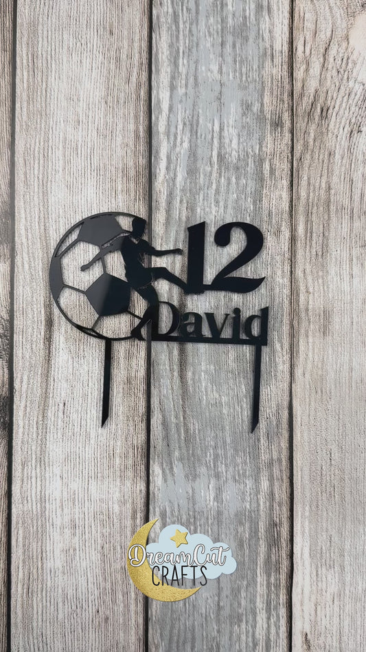 Personalized Soccer Cake Topper with Name and Age – Custom Acrylic Football Player Birthday Decoration