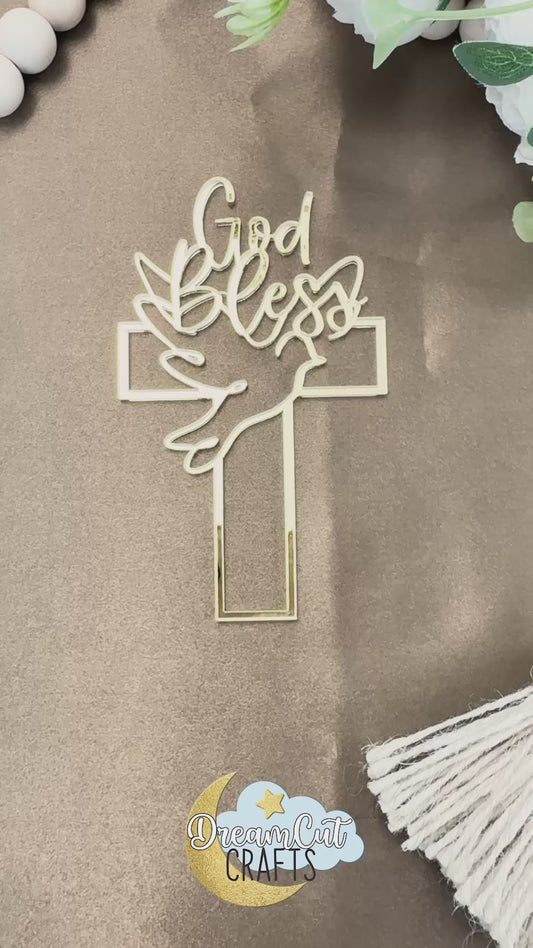 Baptism Cake topper | Christening cake topper | God bless Cross with dove cake charm