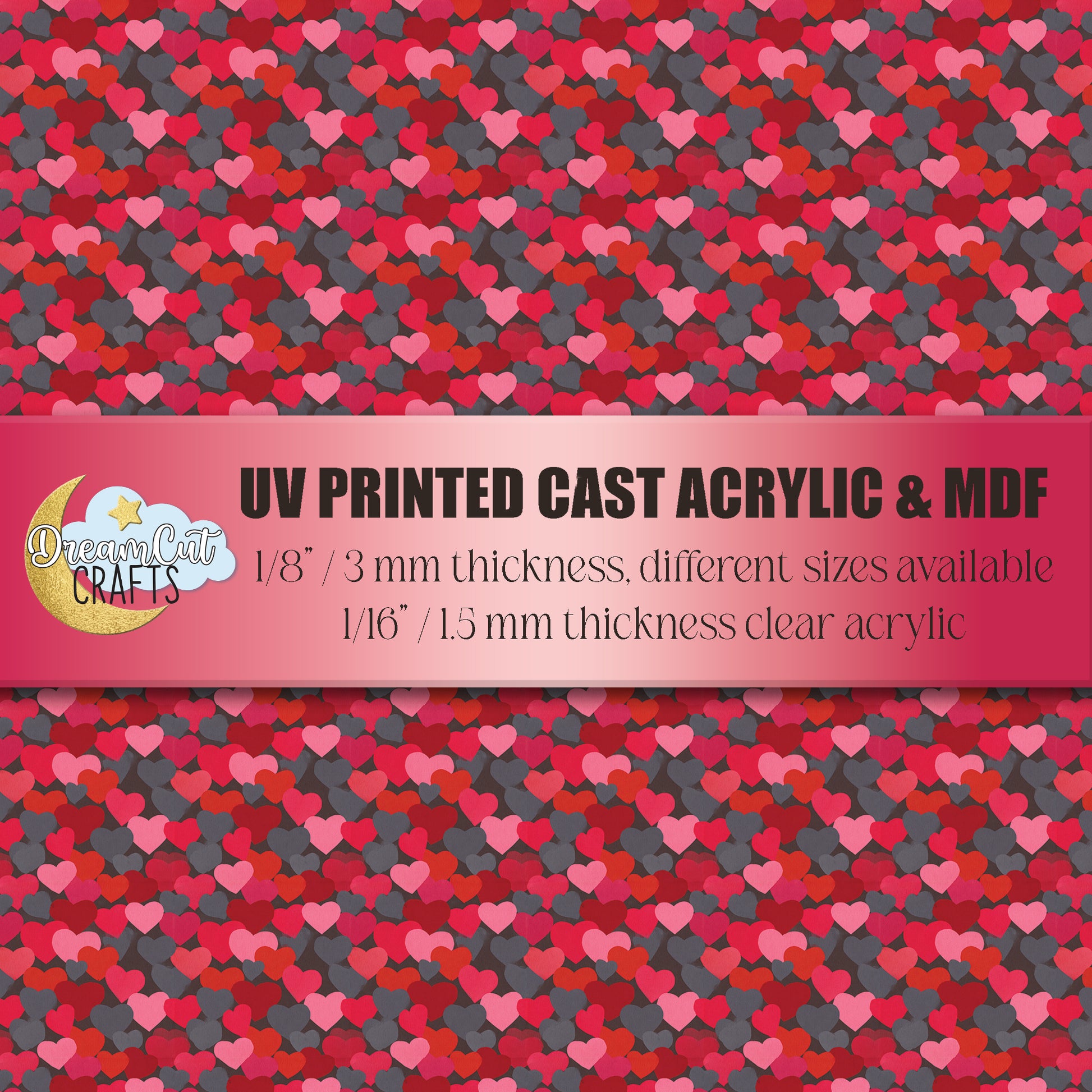 UV printed red, pink, and gray heart pattern on acrylic and MDF sheet for laser cutting