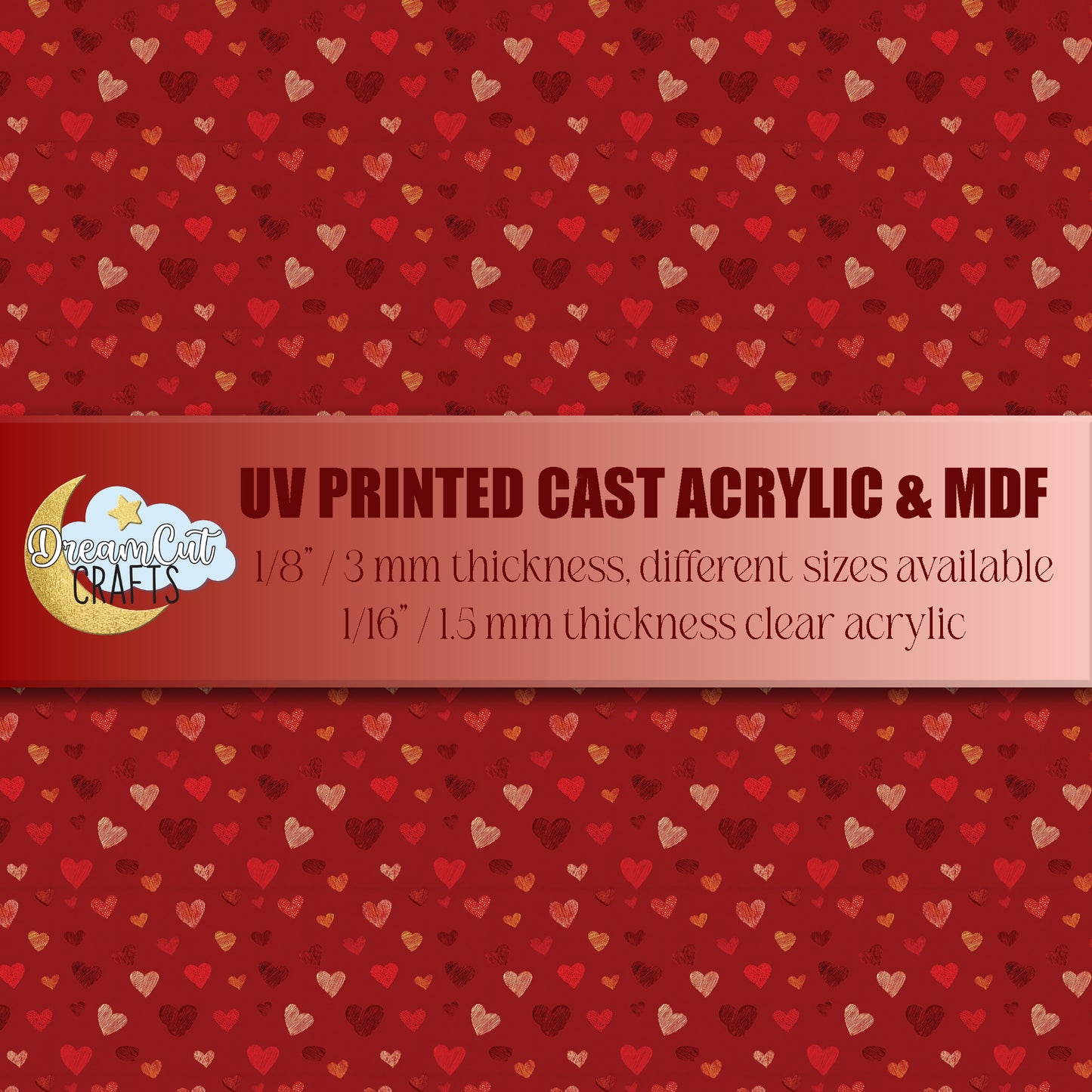 UV printed acrylic sheet with red heart pattern, Valentine themed laser cutting material on cast acrylic and MDF