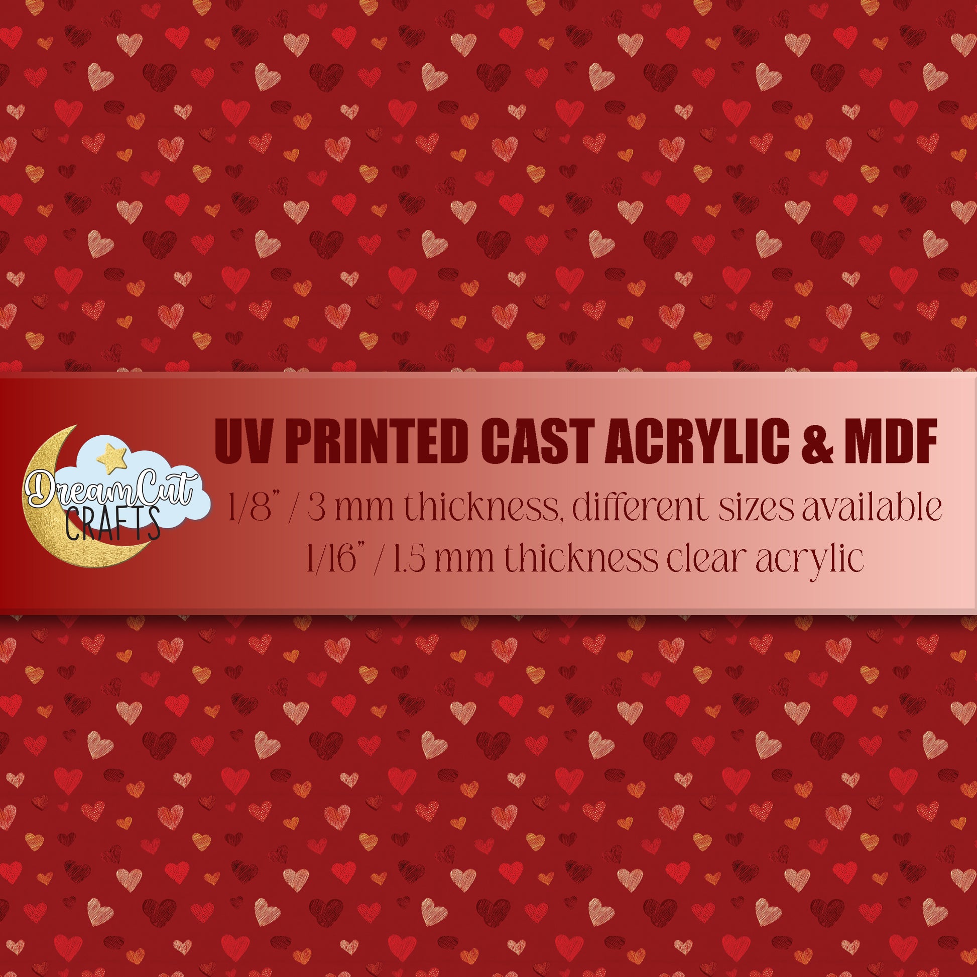 UV printed acrylic sheet with red heart pattern, Valentine themed laser cutting material on cast acrylic and MDF