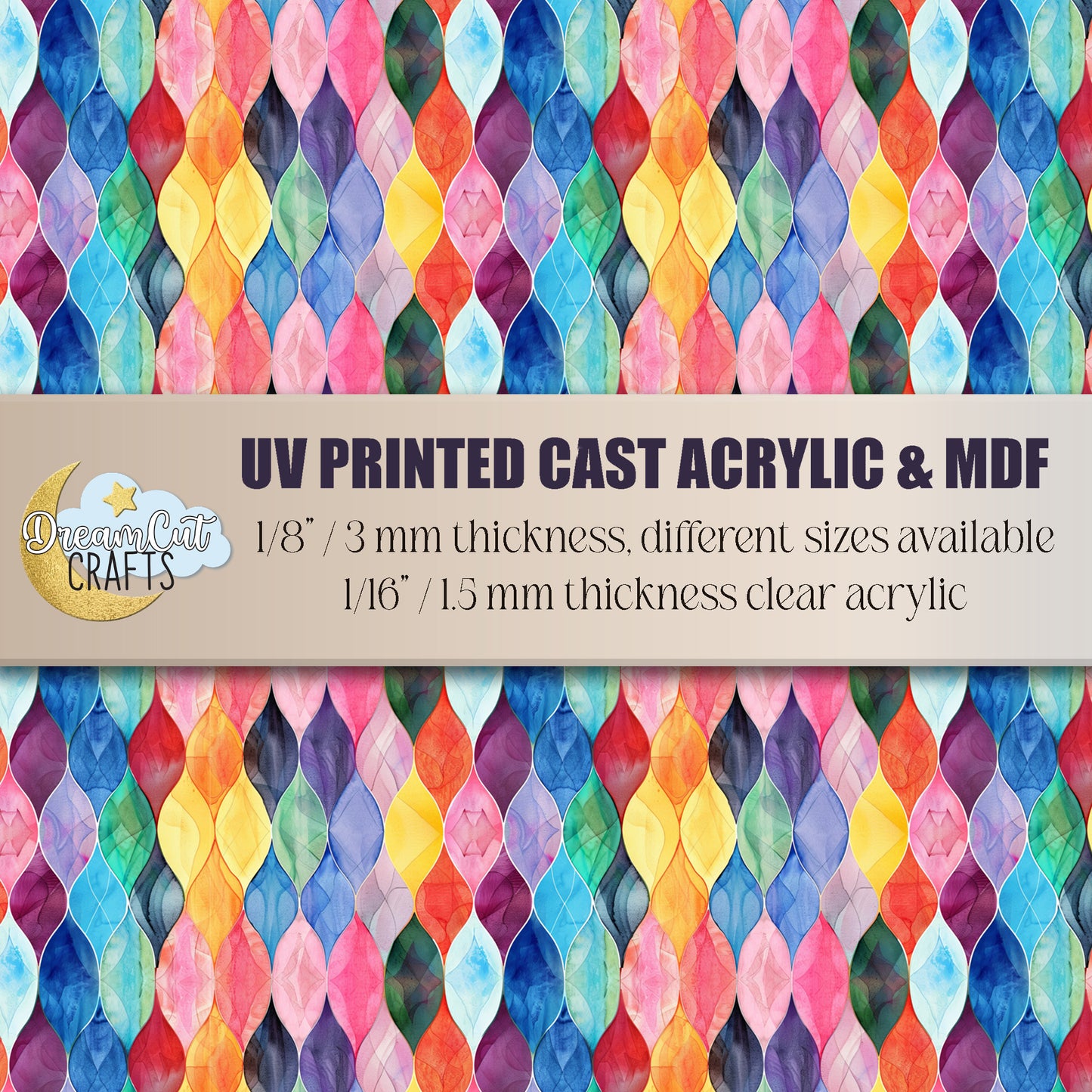 UV printed acrylic sheet featuring a colorful rainbow geometric pattern on acrylic.