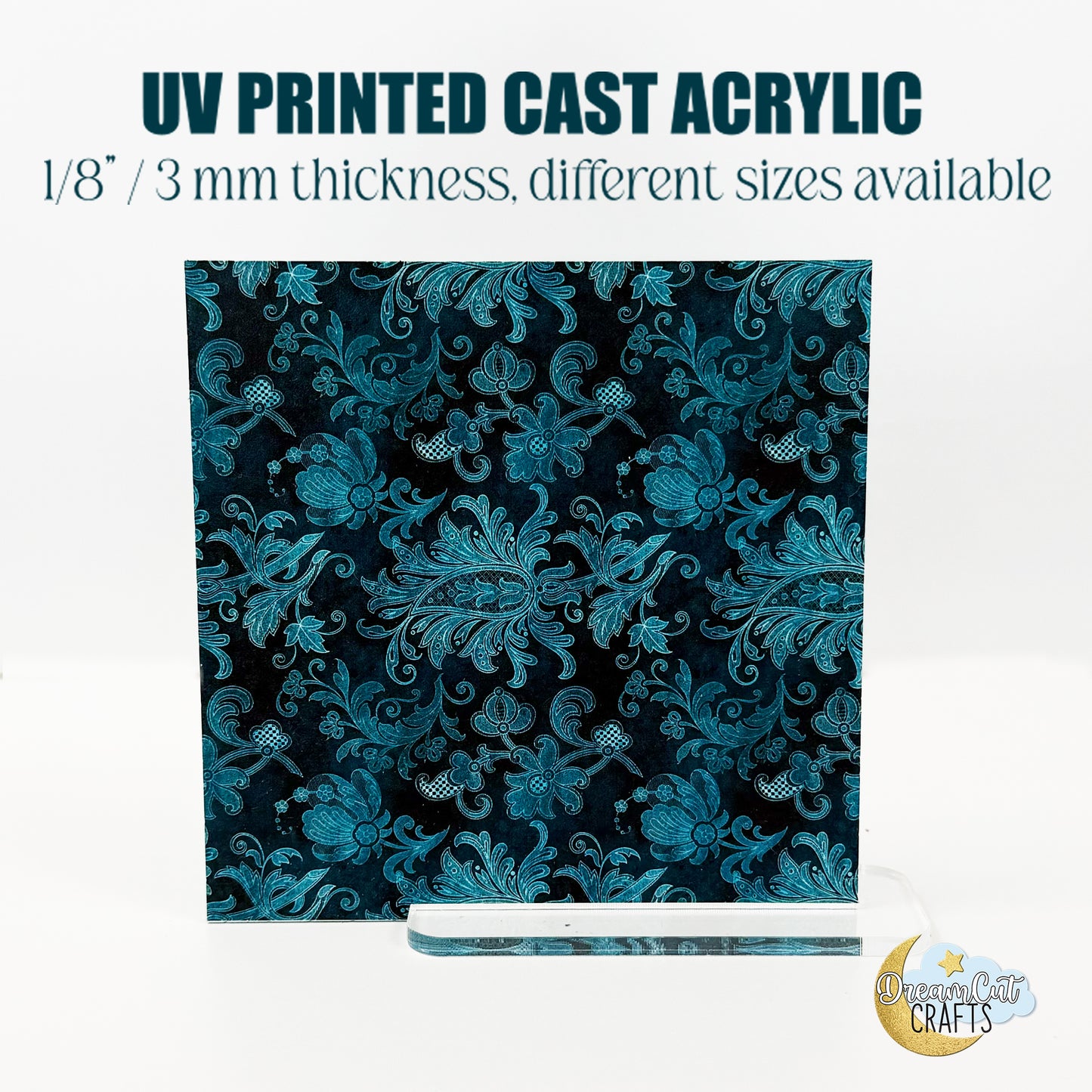 Printed Acrylic Sheet – Turquoise Damask UV Printed 1/8” Cast Acrylic or MDF | Patterned Sheet for Laser Cutting