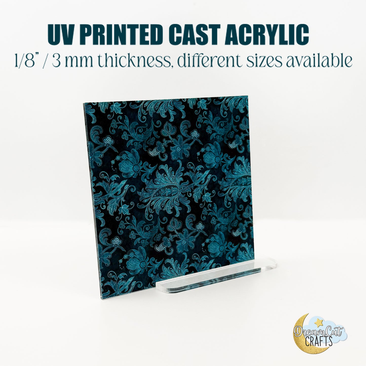 Printed Acrylic Sheet – Turquoise Damask UV Printed 1/8” Cast Acrylic or MDF | Patterned Sheet for Laser Cutting