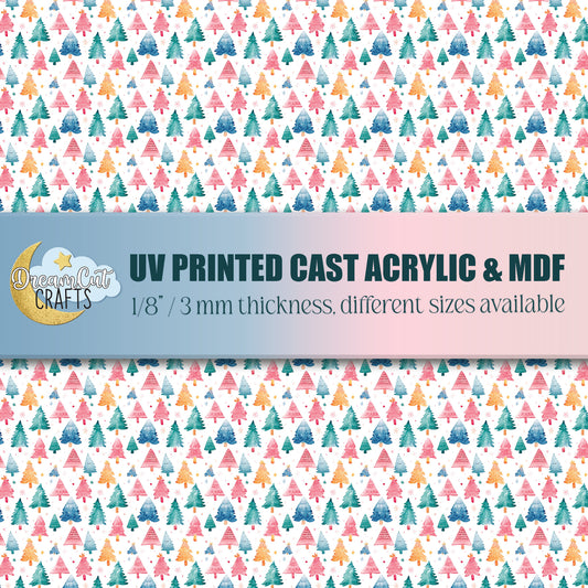 UV printed acrylic and MDF sheet with seamless watercolor Christmas trees pattern, laser safe for earrings, keychains and holiday crafts.