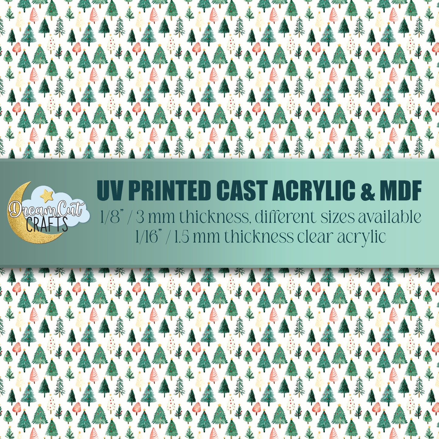 UV printed acrylic and MDF sheet with seamless watercolor forest trees pattern, laser safe for Christmas earrings, keychains and crafts.
