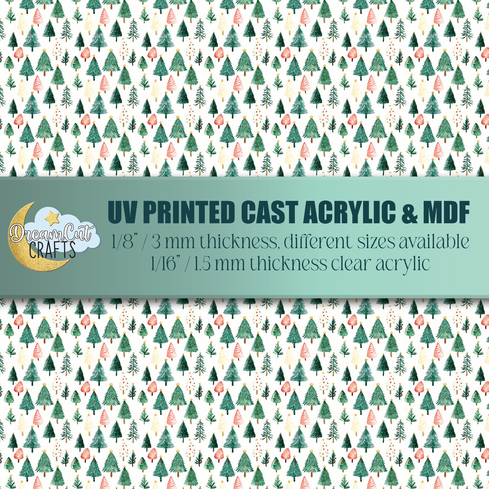 UV printed acrylic and MDF sheet with seamless watercolor forest trees pattern, laser safe for Christmas earrings, keychains and crafts.
