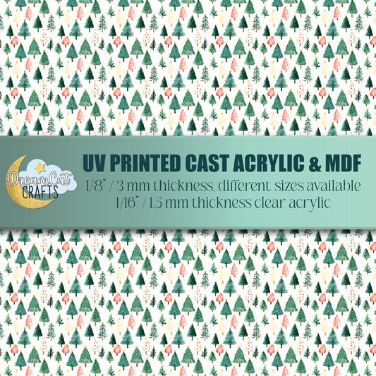 UV printed acrylic and MDF sheet with seamless watercolor forest trees pattern, laser safe for Christmas earrings, keychains and crafts.