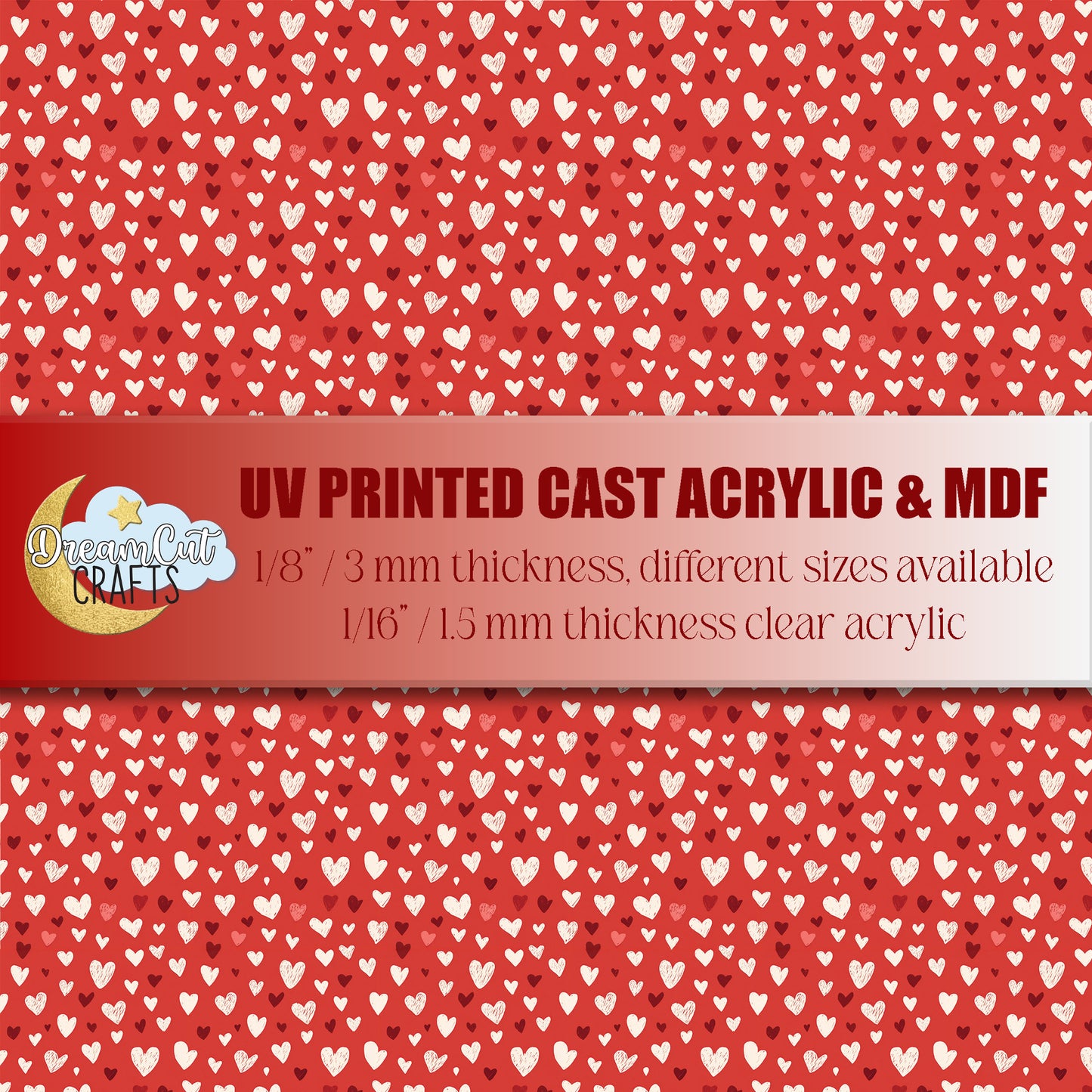 UV printed red love doodle heart pattern on acrylic and MDF sheet for laser cutting