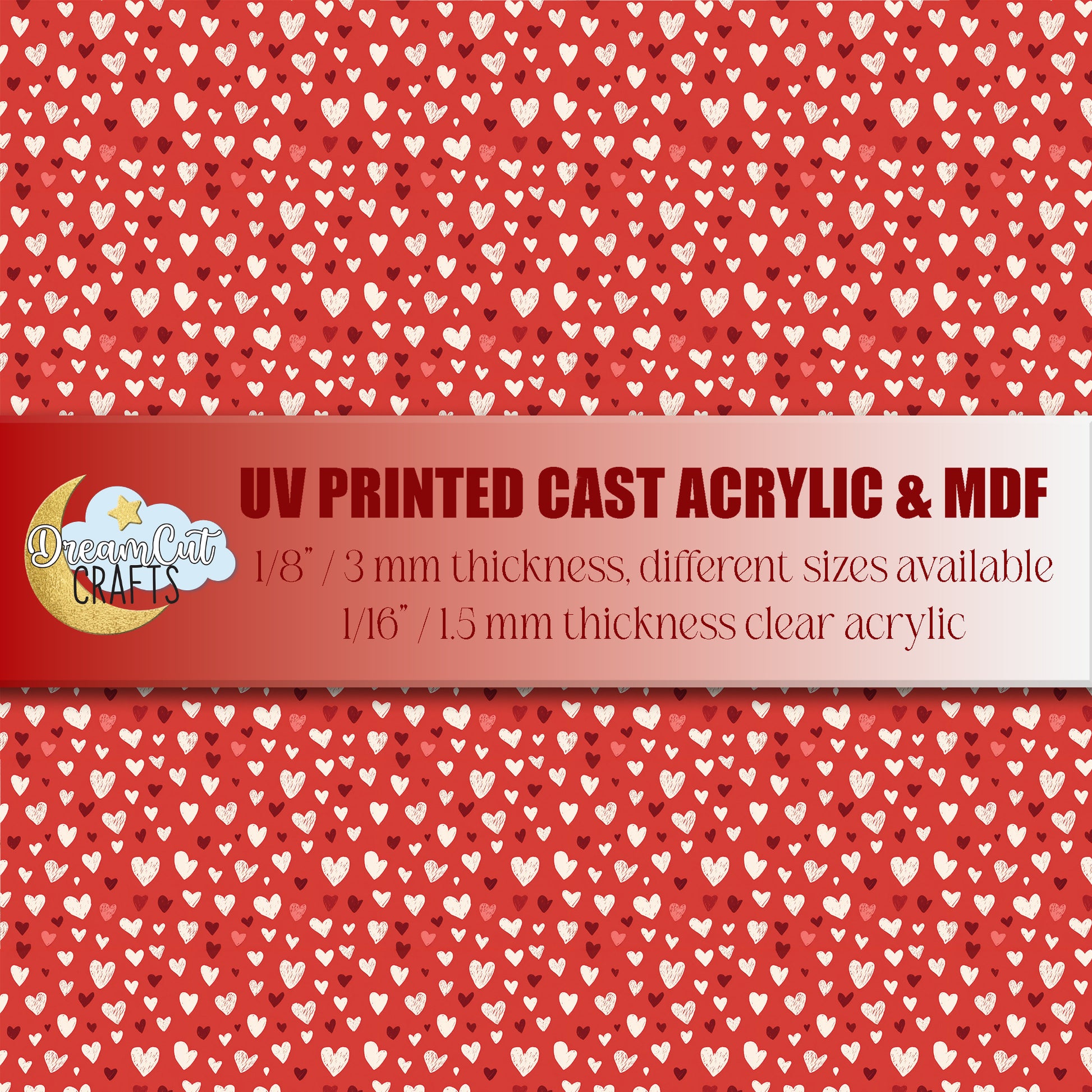 UV printed red love doodle heart pattern on acrylic and MDF sheet for laser cutting