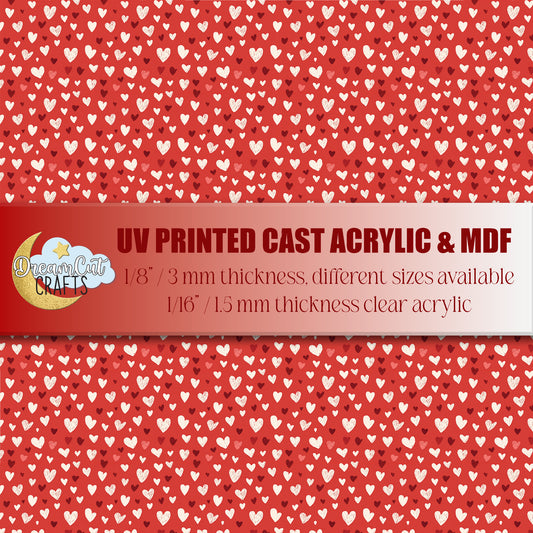 UV printed red love doodle heart pattern on acrylic and MDF sheet for laser cutting